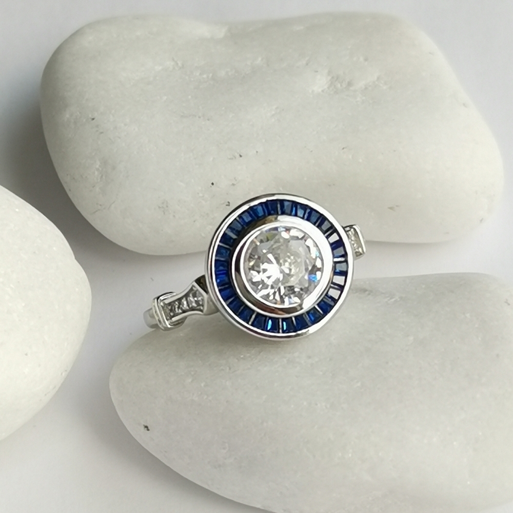 Art Deco White and Blue Sapphire Ring in Sterling Silver engagement